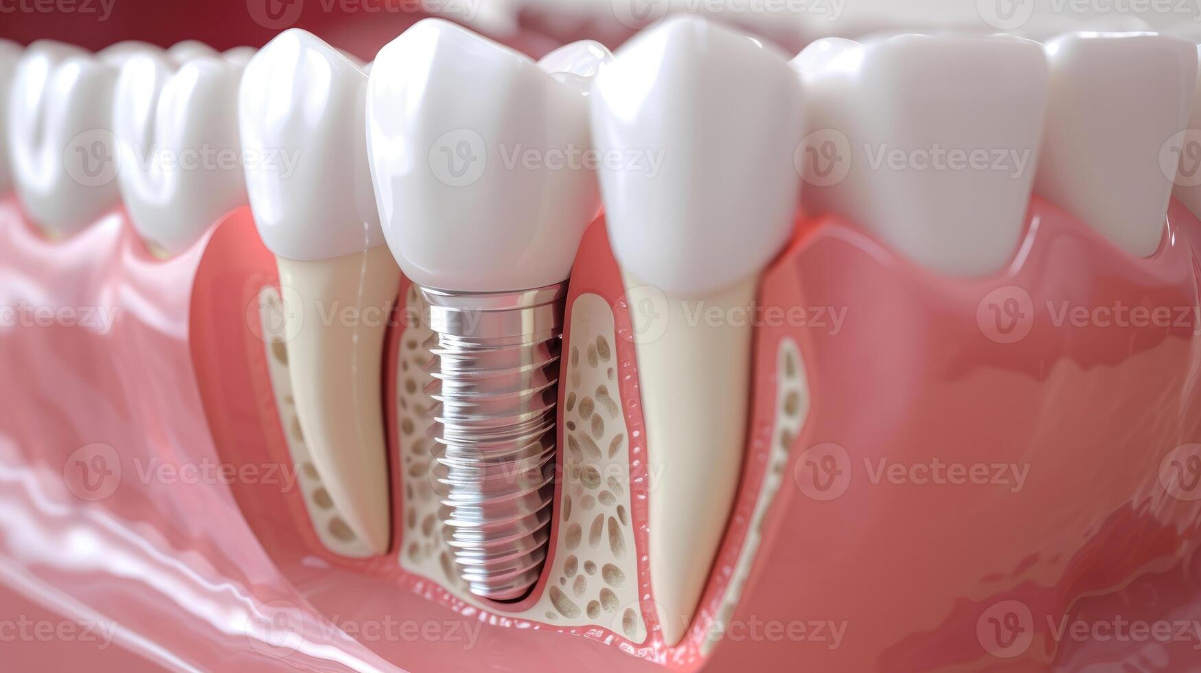 AI generated Explore the intricacies of dental implantology with a cross-section of the jaw showcasing an embedded implant in the gum. Ai Generated photo