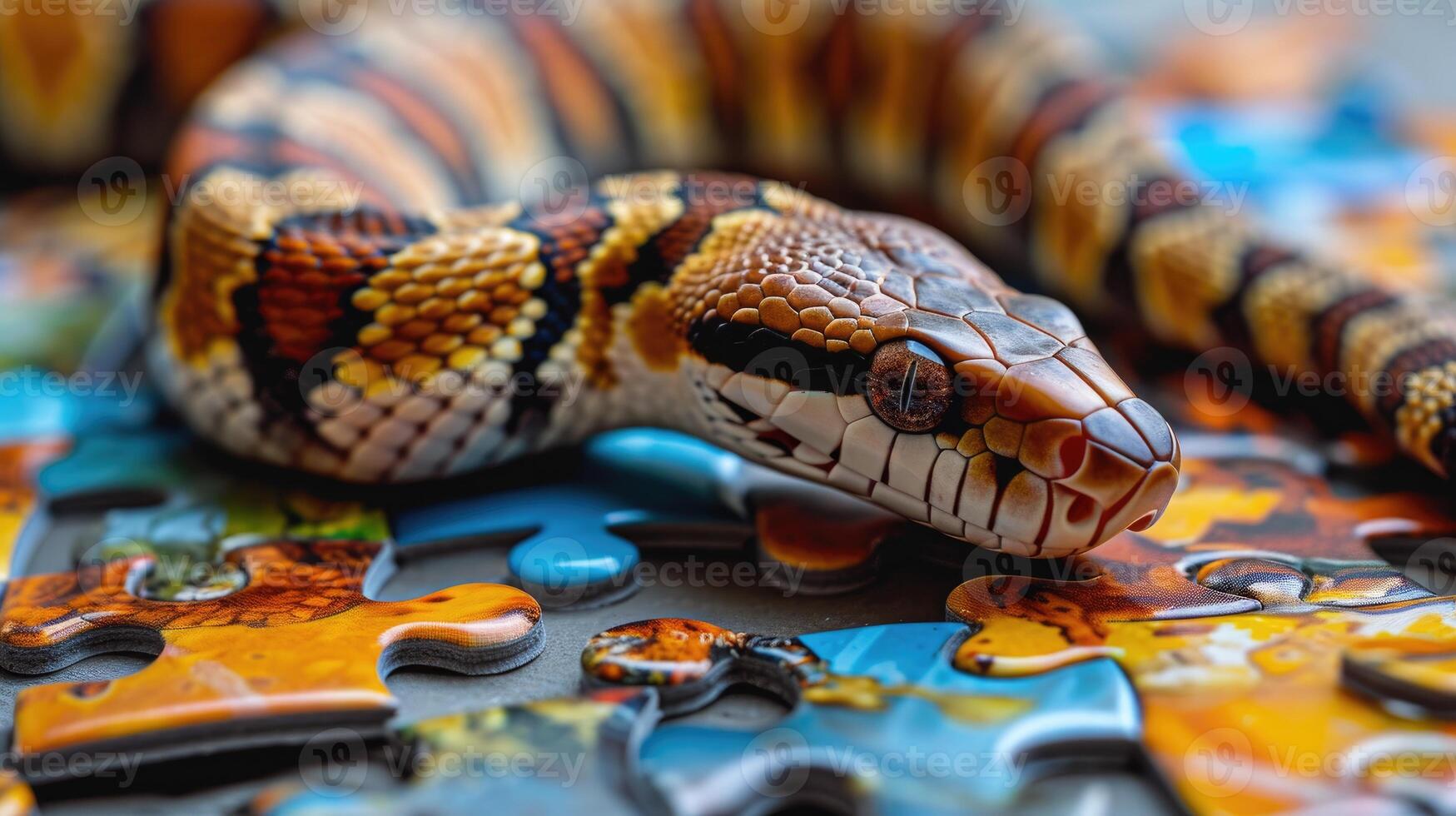 AI generated snake getting creative with a jigsaw puzzle, Ai Generated. photo