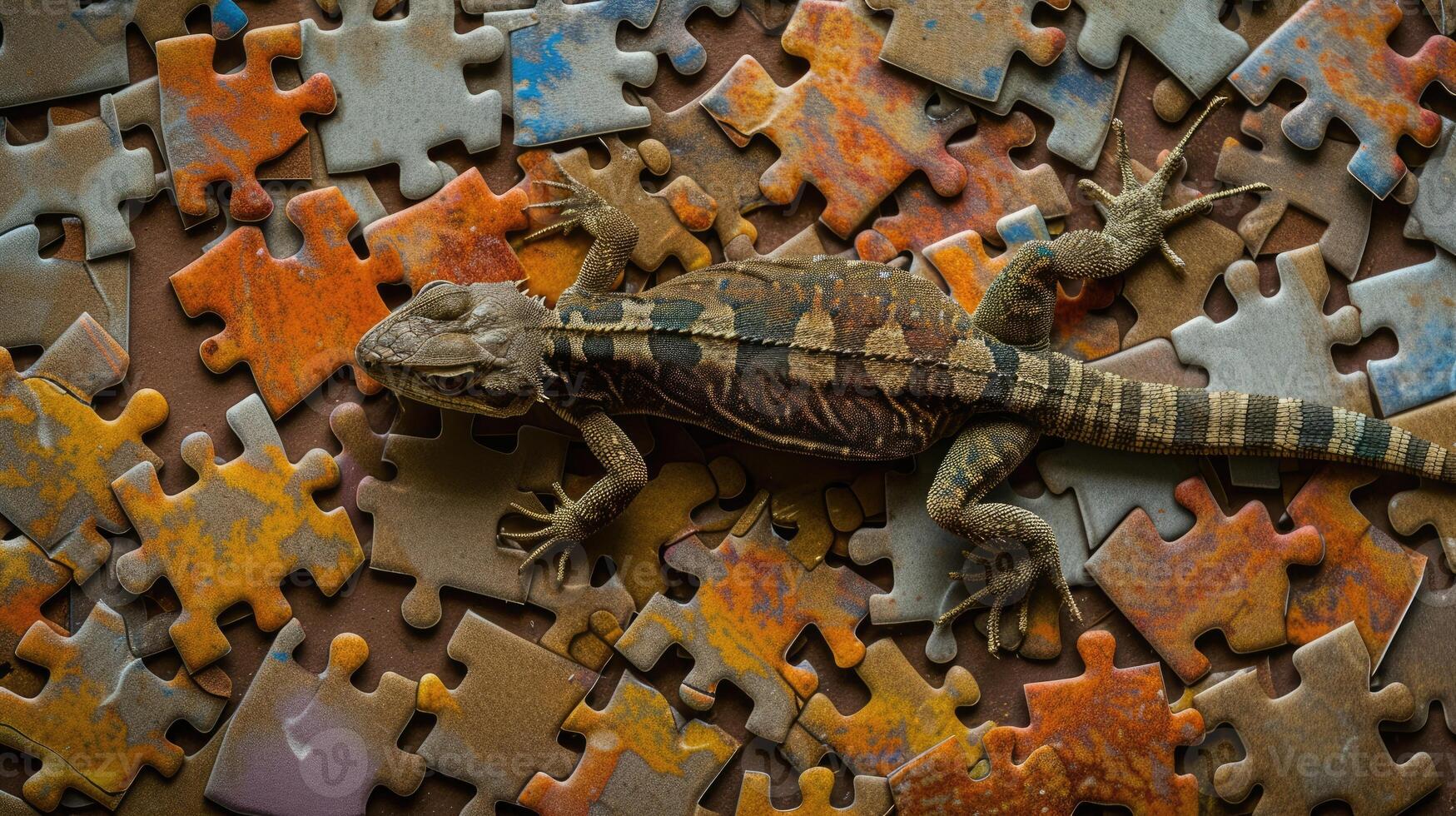 AI generated Cute lizard engrossed in a jigsaw puzzle, adding a whimsical touch, Ai Generated. photo