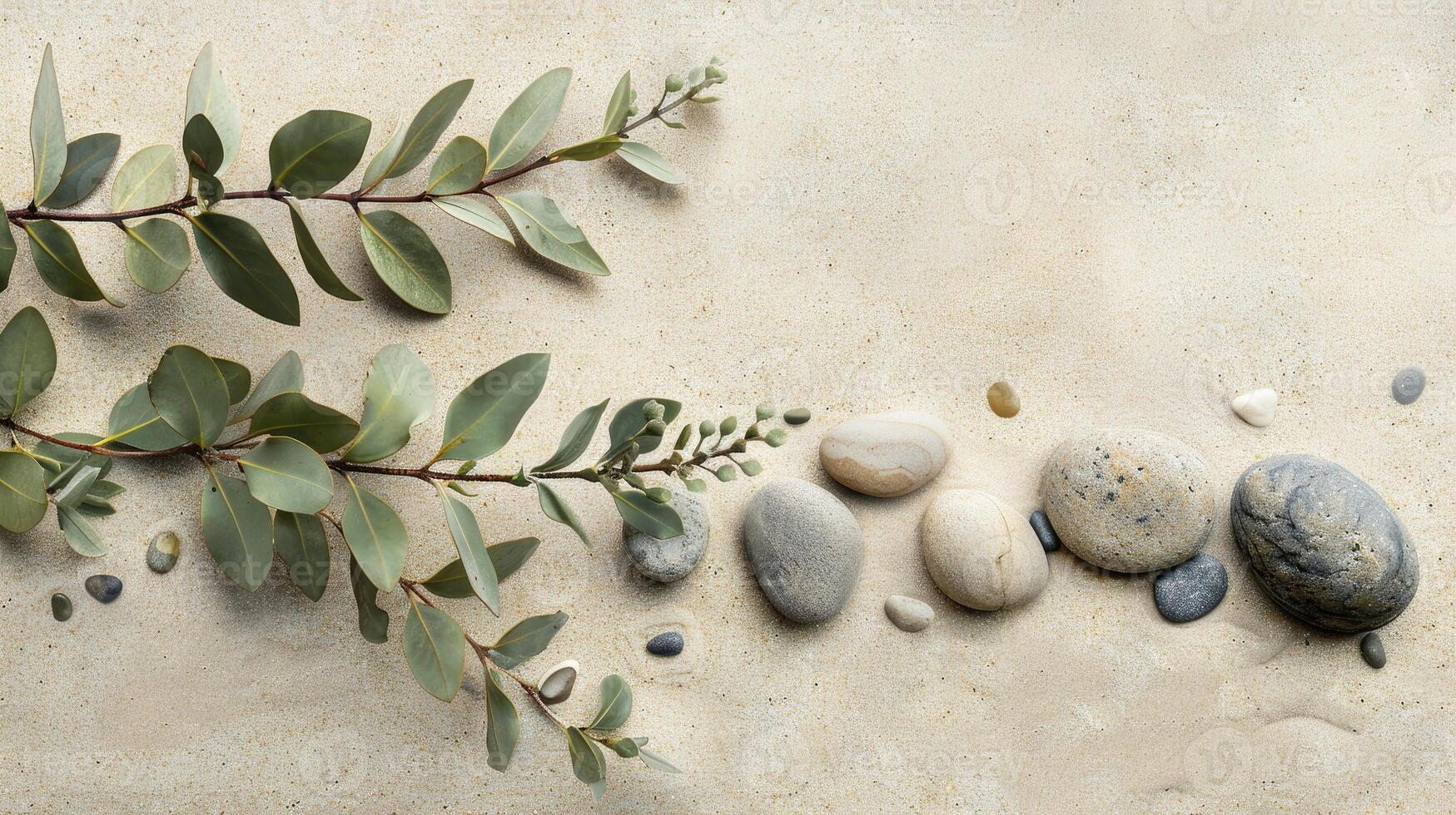 AI generated Tranquil composition of sage twig and pebble rocks on sandy surface. Ai Generated photo