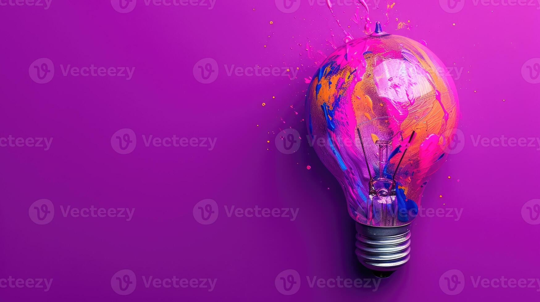 AI generated Imaginative concept featuring a colorful lightbulb crafted from liquid paint on a vibrant purple background, Ai Generated. photo