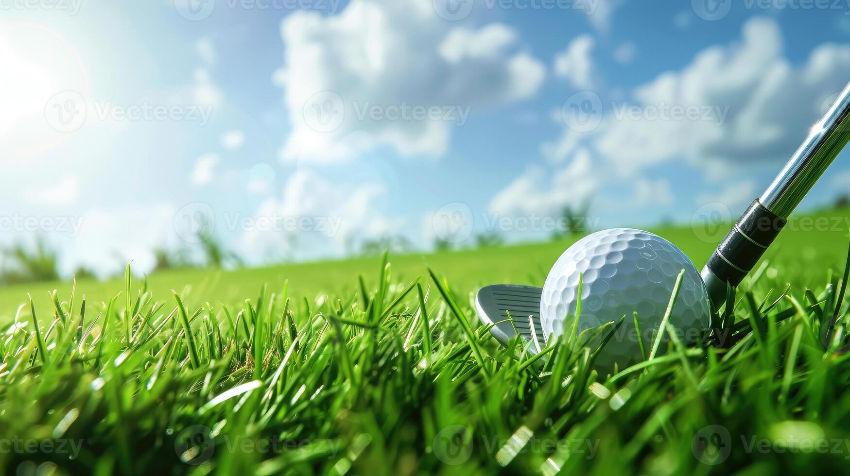 AI generated Golf club and ball nestled in lush grass, setting the stage for precision. Ai Generated. photo