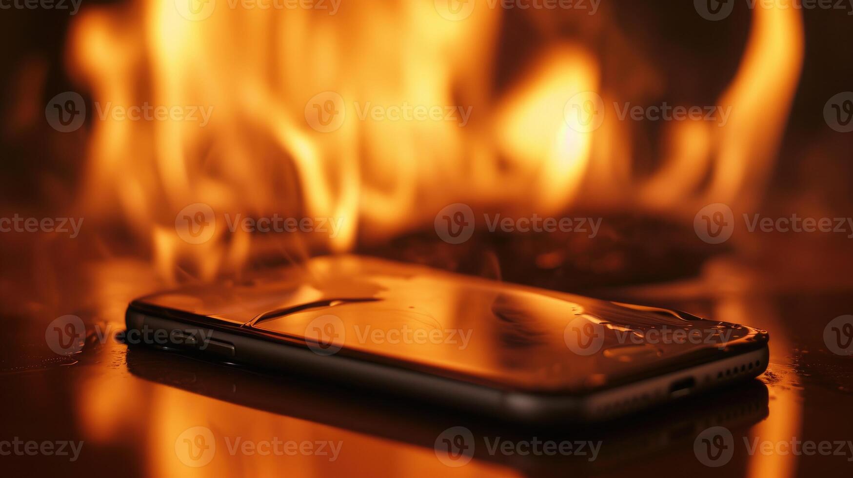 ai generado de cerca de un célula teléfono en un mesa, yuxtapuesto en contra parpadeando llamas, ai generado. foto