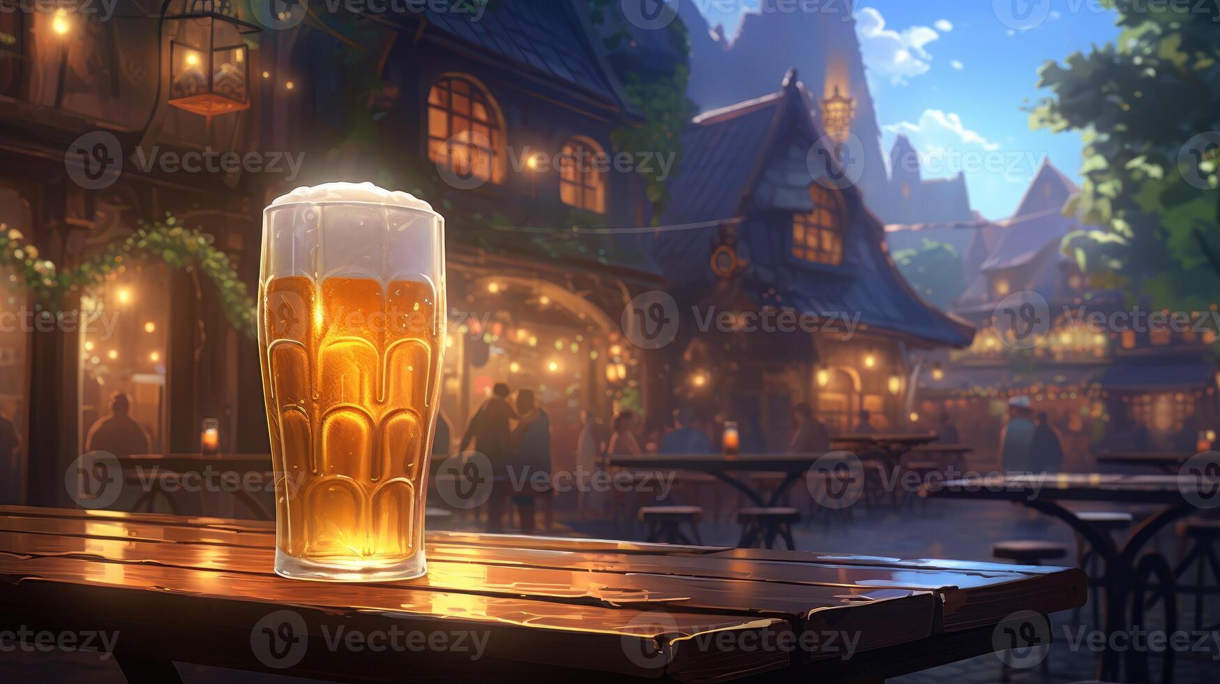 AI generated Refreshing beer with ice on outdoor wooden table, Ai Generated. photo