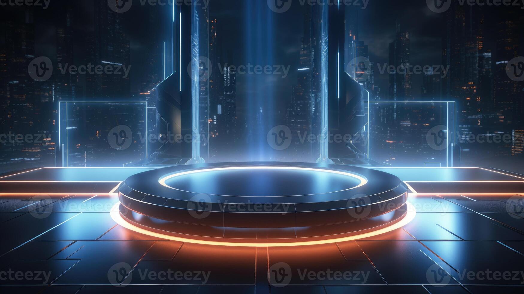 AI generated A futuristic dark podium stands against a backdrop of light and reflections, Ai Generated. photo