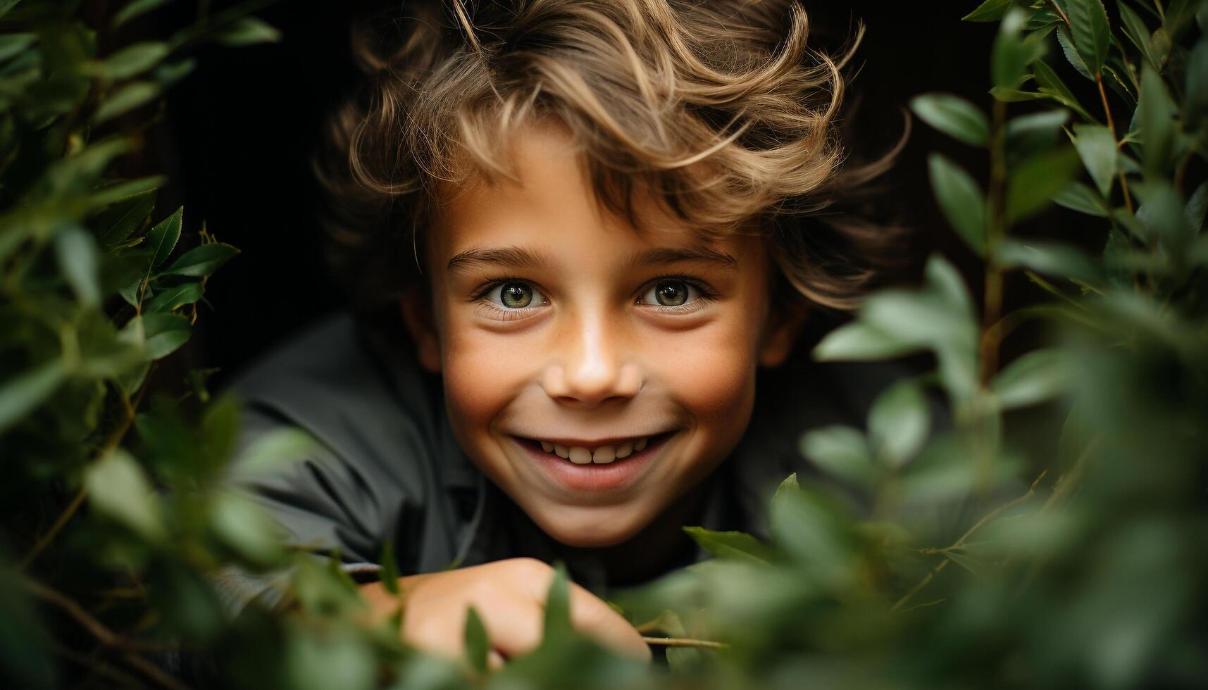 AI generated Smiling child outdoors, cheerful boys in nature, cute portrait generated by AI photo