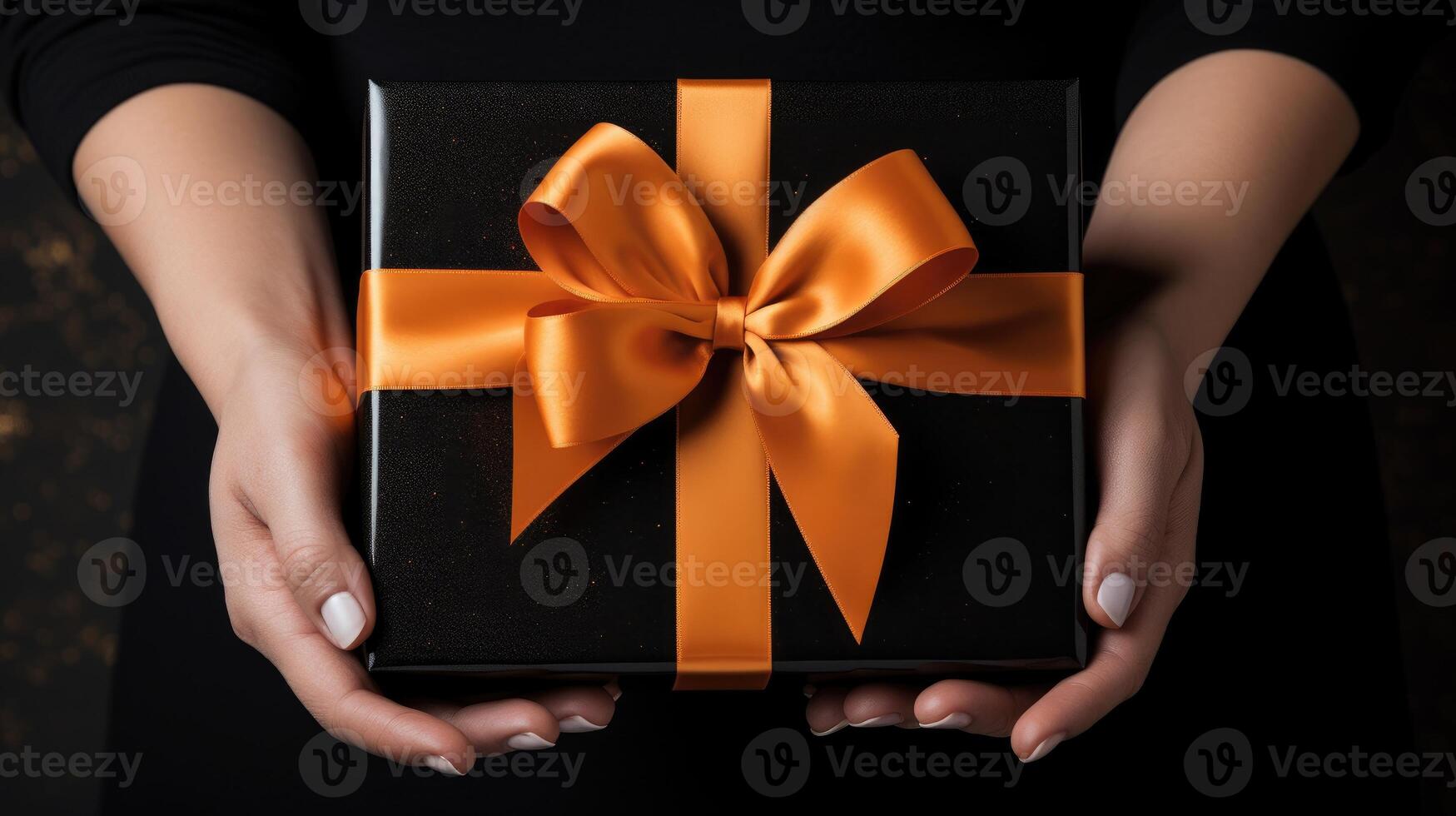 AI generated Woman's hands cradle a black gift box adorned with an orange bow on a dark background. Ai Generated photo