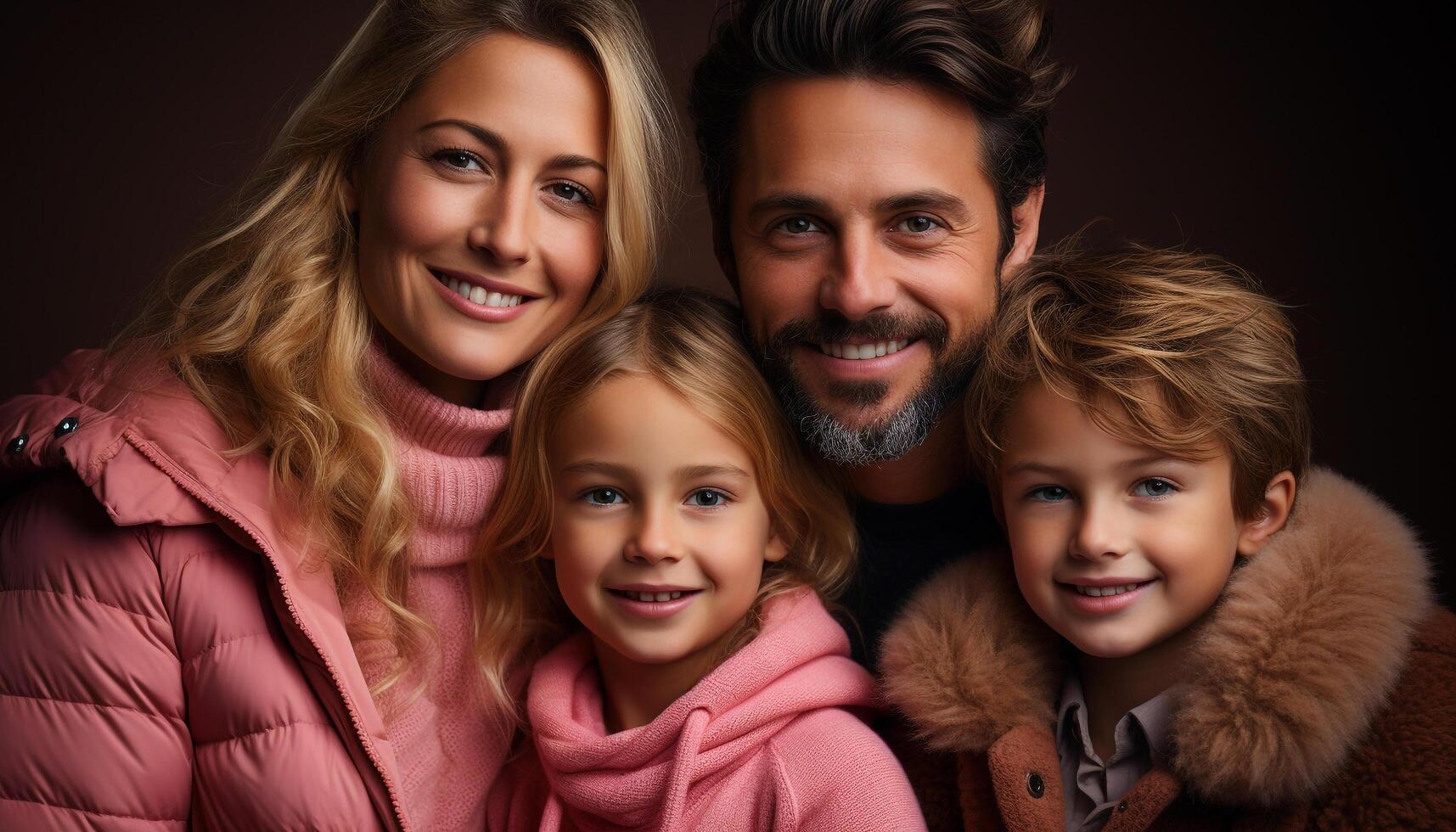 AI generated Smiling family embraces happiness, love, and togetherness in winter generated by AI photo