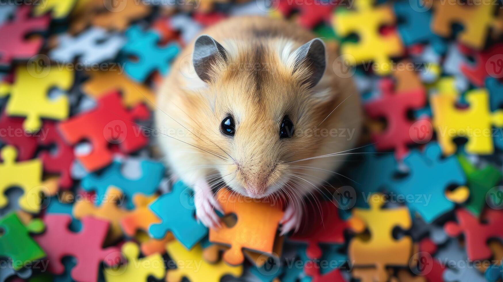 AI generated Cute hamster engrossed in a jigsaw puzzle, adding a whimsical touch, Ai Generated. photo