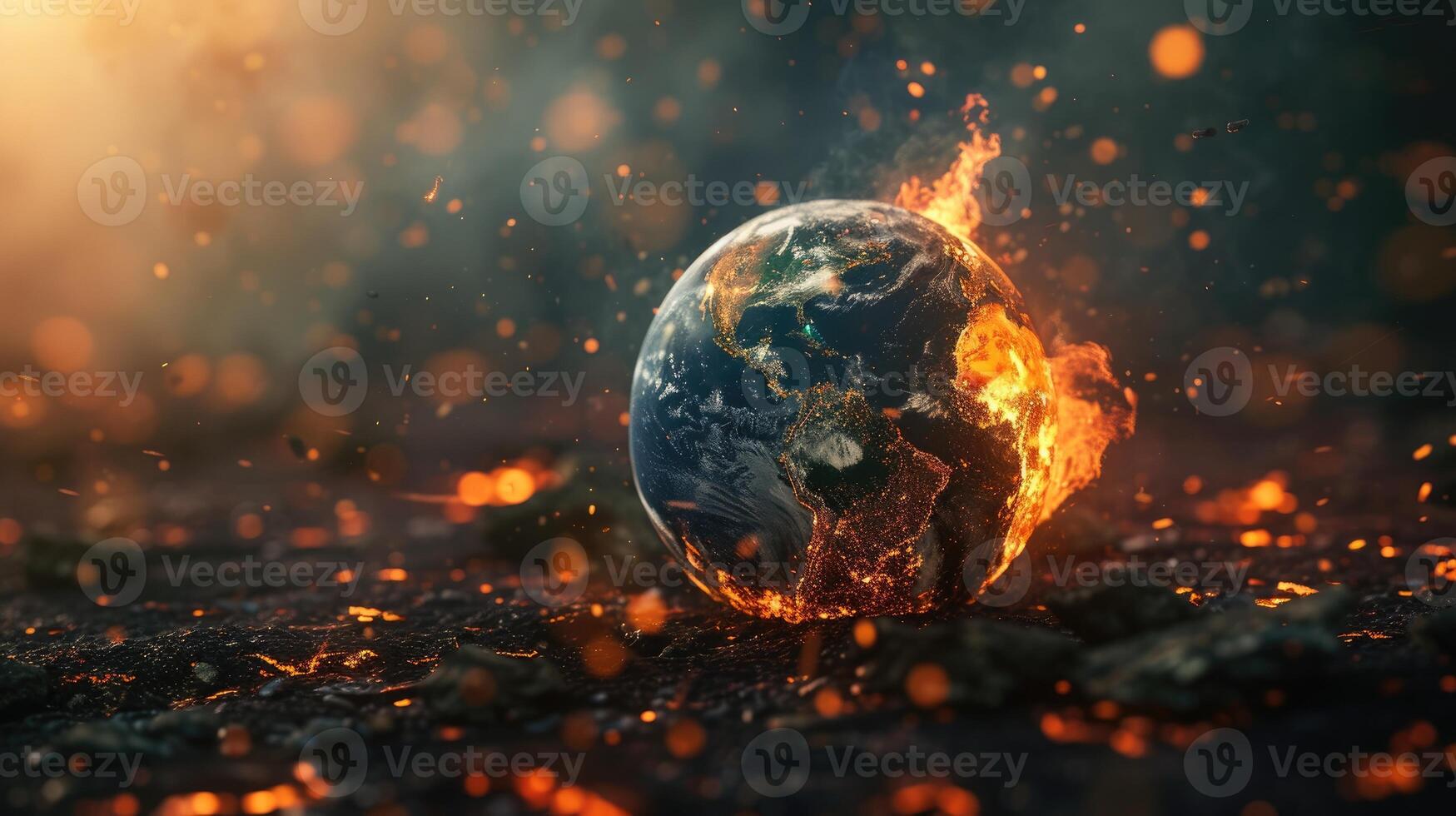 AI generated Witness the Earth globe destroyed by fire, burning on glowing embers. Ai Generated photo