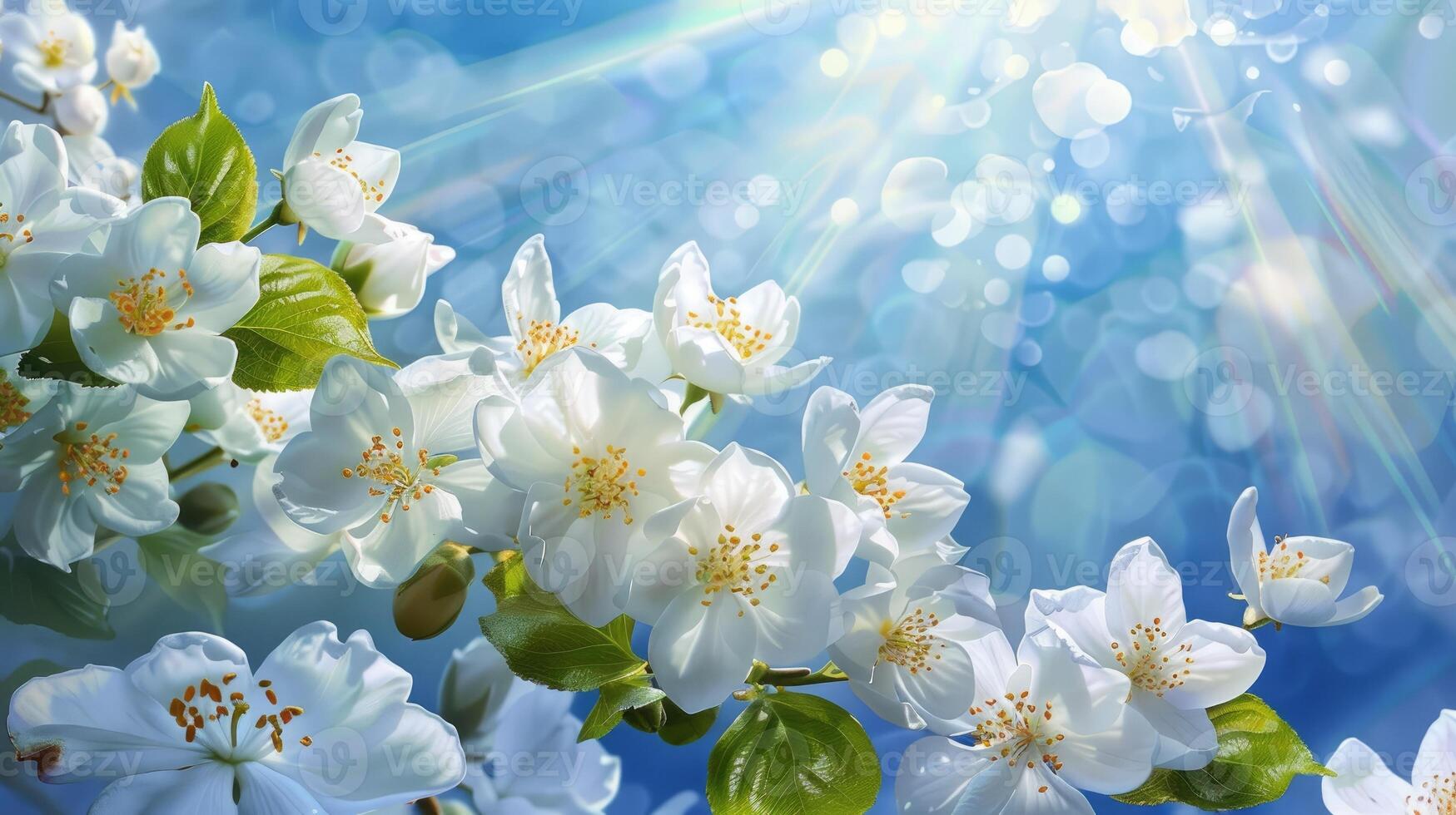 AI generated Spring unveils white blossoms, basking in the sunlight against the backdrop of a blue sky. Ai Generated. photo