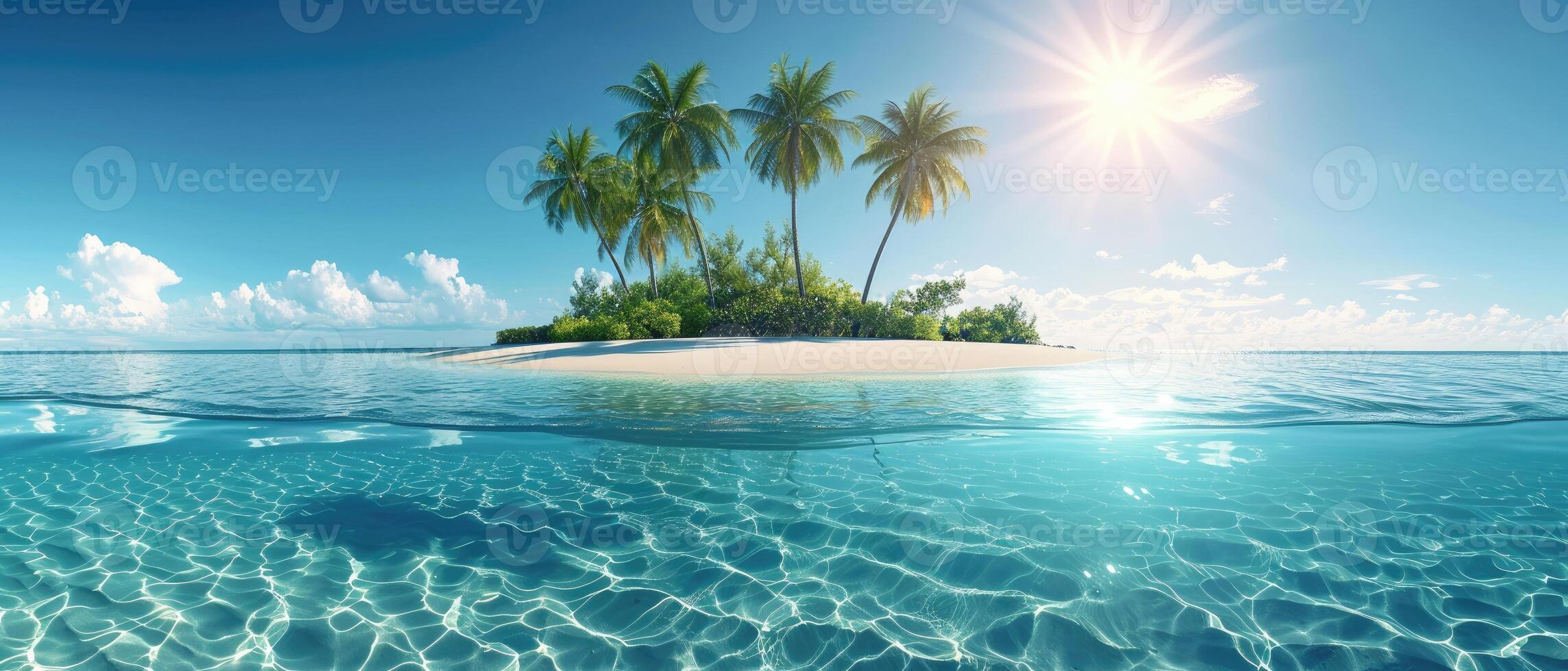 AI generated Panorama of a serene island - clear lagoon, palm-lined shore, bright sun, blue sky. Ai Generated. photo