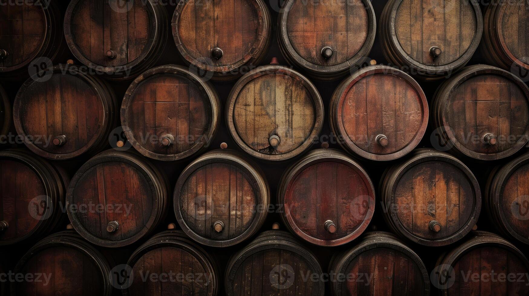 AI generated Vintage wine barrels create a rustic backdrop with inviting empty space, Ai Generated. photo