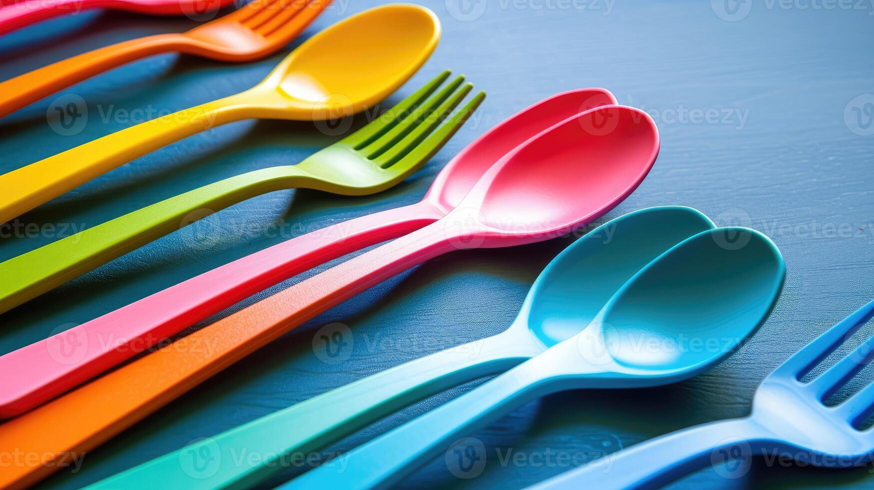 AI generated Set of colorful forks and spoons adds a vibrant touch to any dining experience. Ai Generated. photo