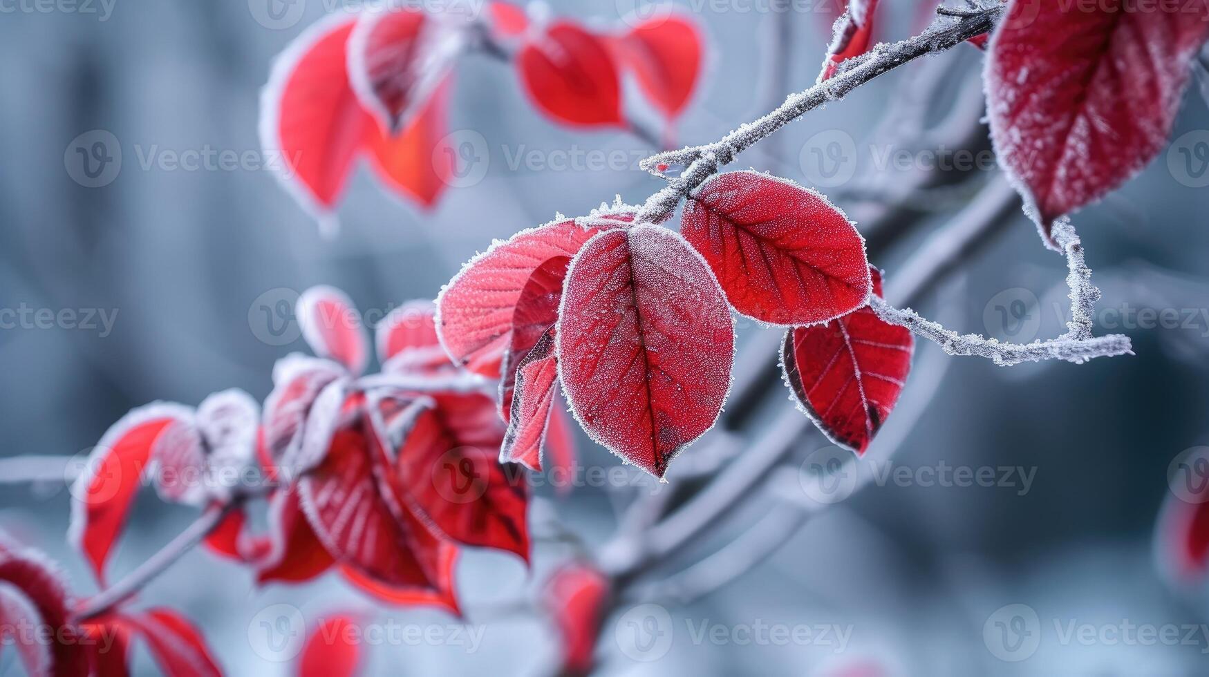 AI generated Winter's touch adorns tree leaves in frost, a delicate icy elegance emerges, Ai Generated. photo