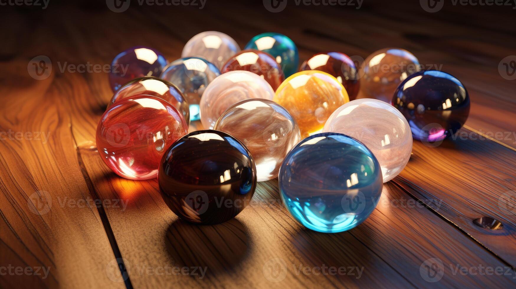 AI generated Array of glossy marbles gleaming on a smooth wooden surface, reflecting timeless elegance. Ai Generated. photo
