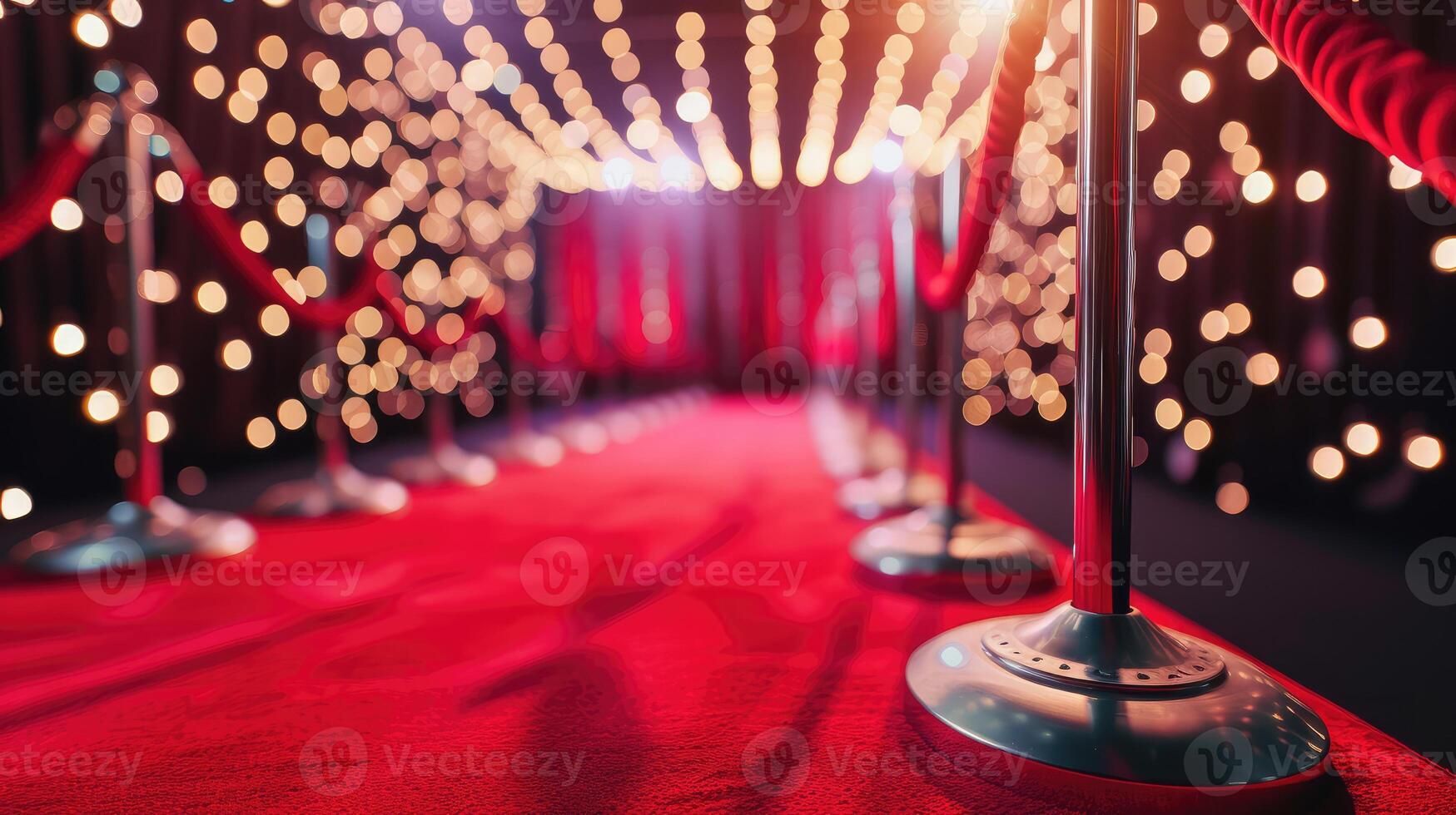 AI generated Red carpet unfurls before a glamorous movie premiere backdrop, setting the stage for star-studded elegance, Ai Generated. photo