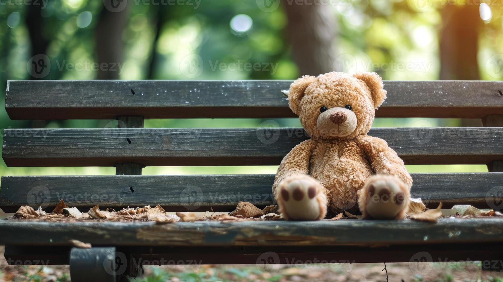AI generated front view of a teddy bear resting on a bench in the park, radiating warmth. Ai Generated. photo