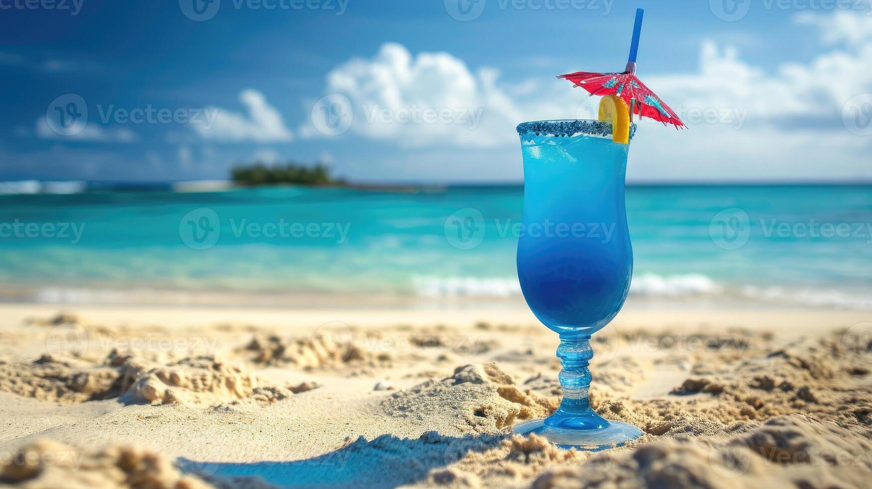 AI generated Blue cocktail stands in beach sand, a refreshing sight, Ai Generated. photo