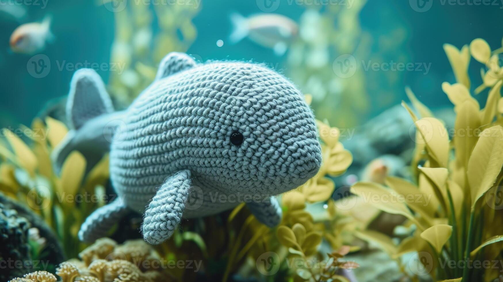 AI generated Crocheted dugong toy vibrant backdrop, handcrafted and adorable, Ai Generated photo