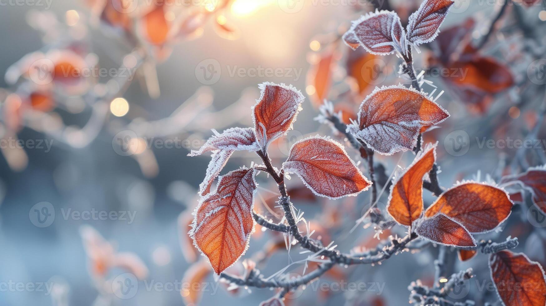 AI generated Winter's touch adorns tree leaves in frost, a delicate icy elegance emerges, Ai Generated. photo