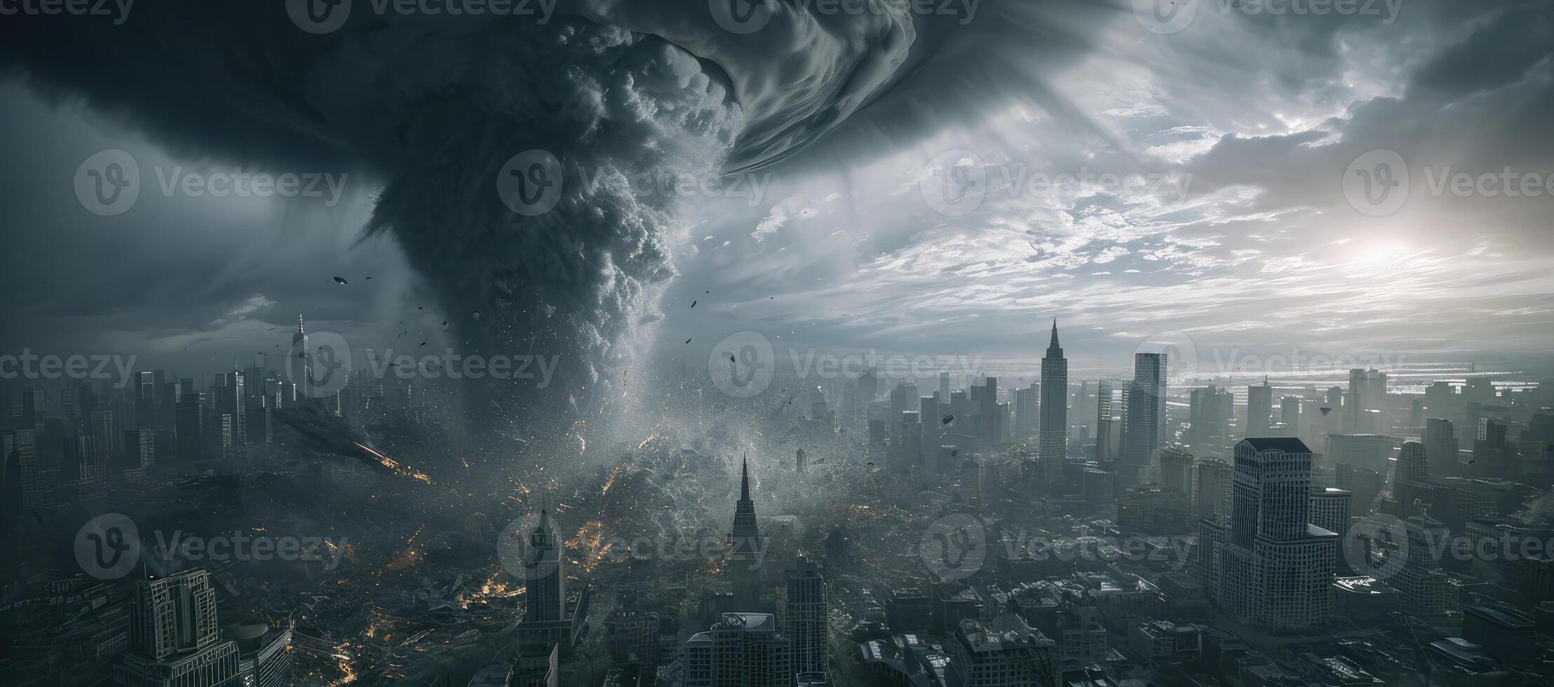 AI generated A massive tornado dominates the cityscape, a tempestuous storm swirling over the Earth, Ai Generated. photo