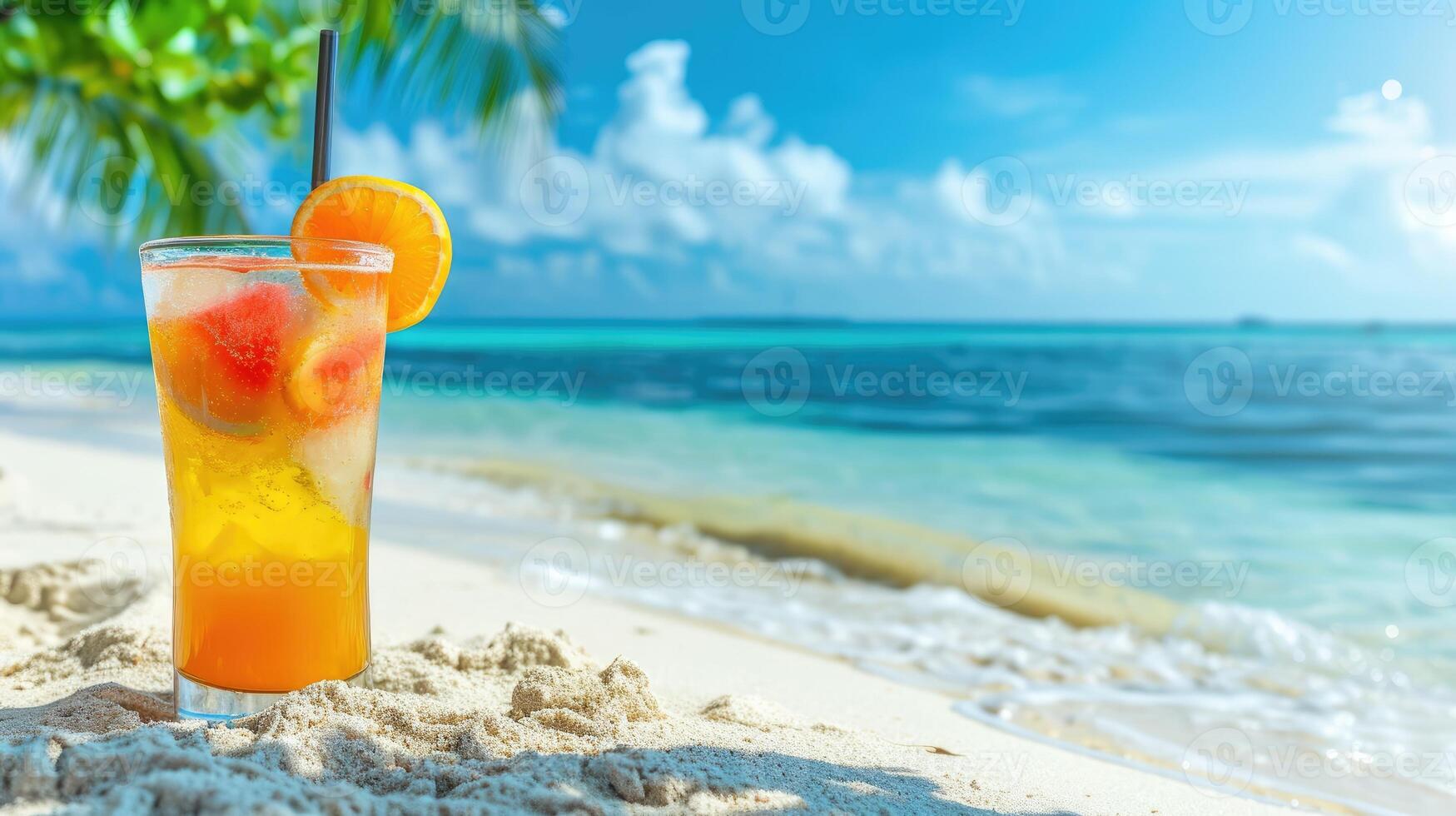AI generated Chill with a summer cocktail on a sandy beach, sea view. Space for text, Ai Generated photo