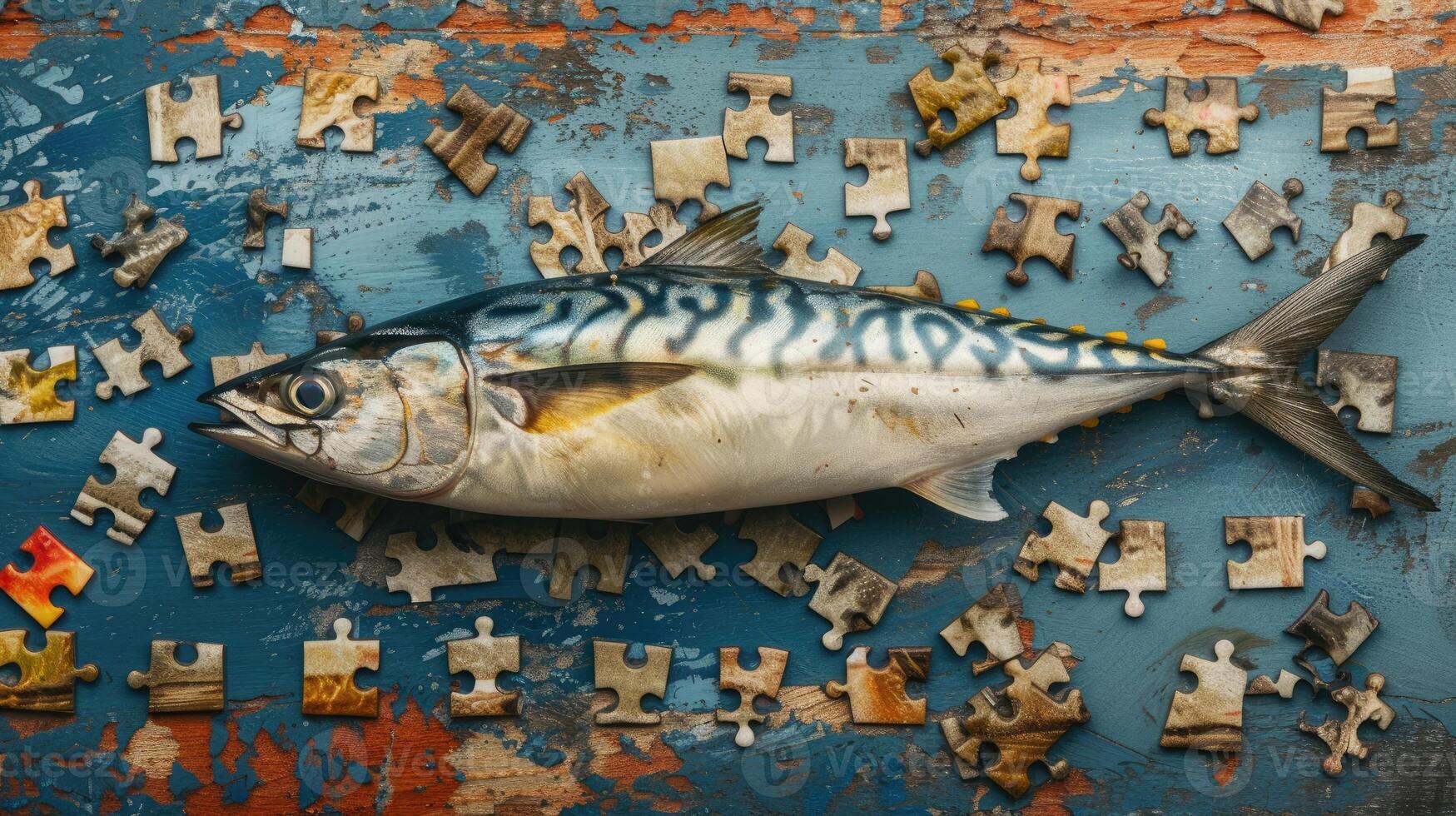 AI generated Cute mackerel engrossed in a jigsaw puzzle, adding a whimsical touch, Ai Generated. photo