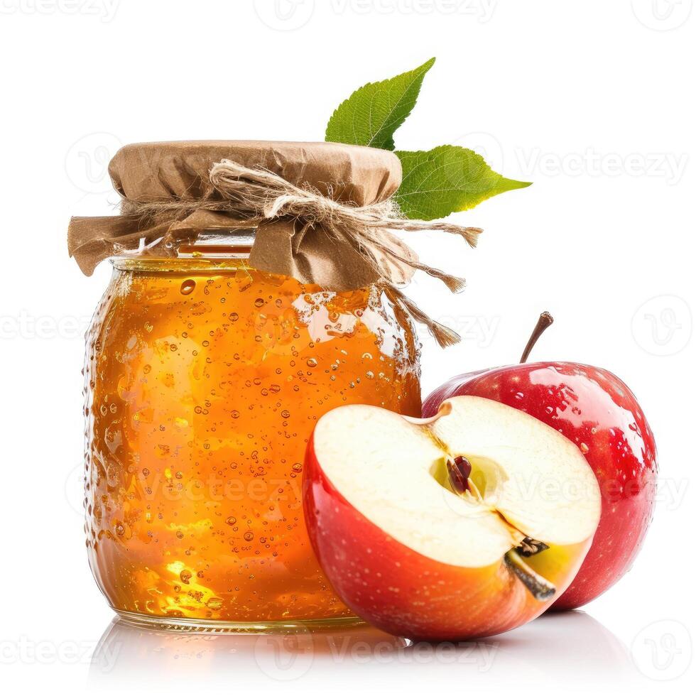 AI generated A glass jar of homemade apple jam with fresh apples, isolated on a pristine white background, Ai Generated. photo