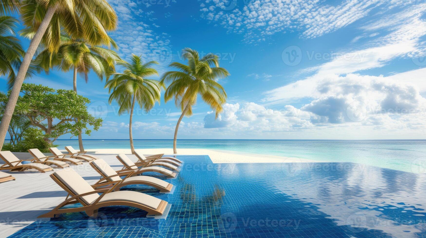 AI generated A luxurious resort pool, adorned with beach chairs, epitomizing seaside opulence. Ai Generated. photo
