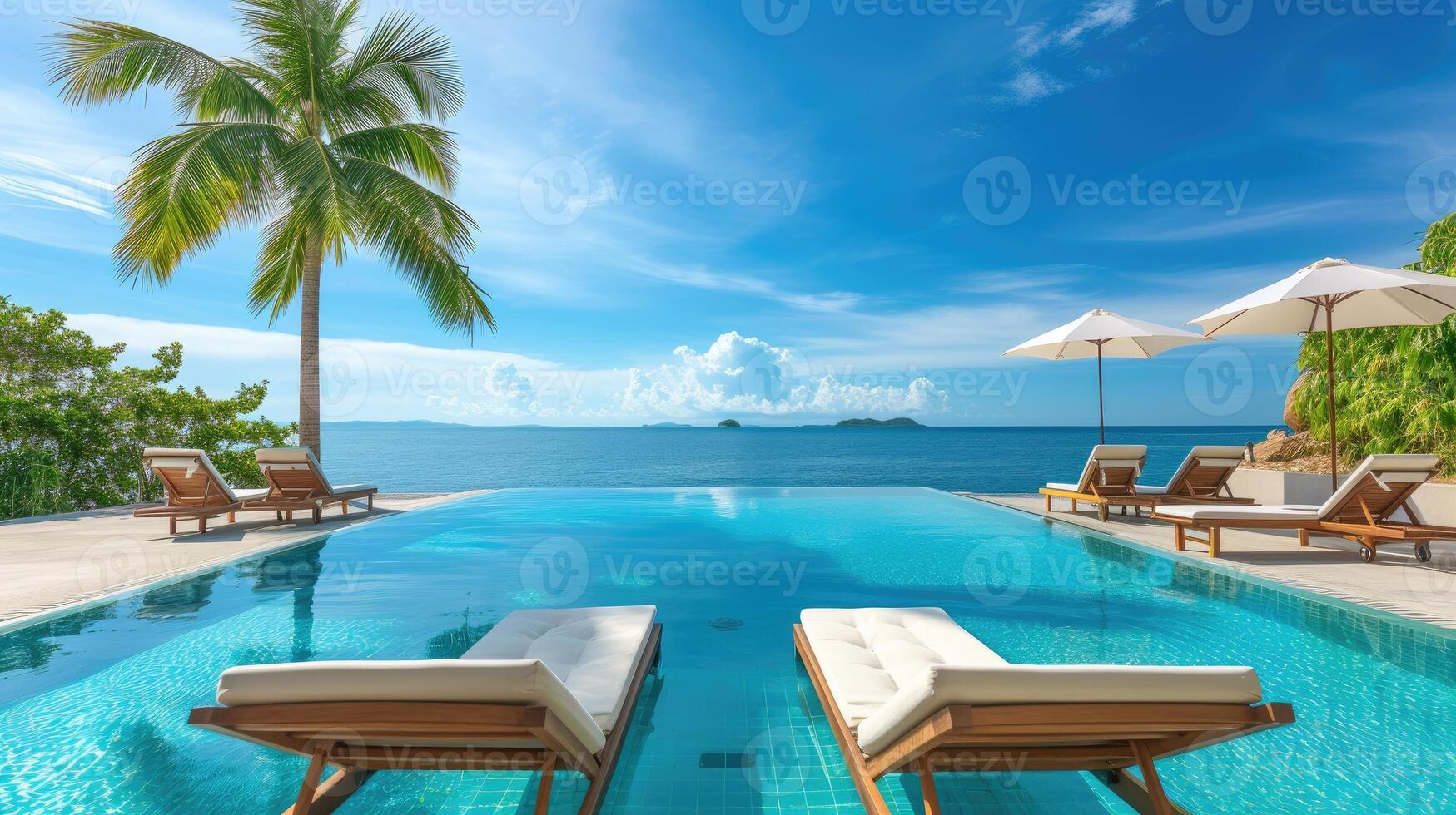 AI generated A luxurious resort pool, adorned with beach chairs, epitomizing seaside opulence. Ai Generated. photo