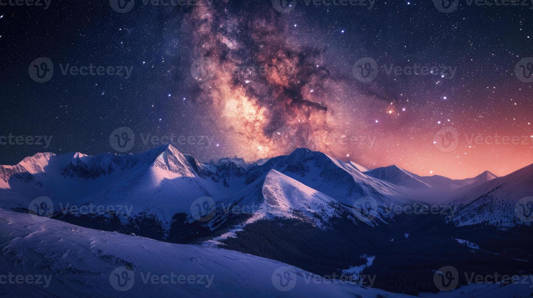 AI generated Enchanting view of the magical Milky Way above snow-capped mountains on a winter night. Ai Generated photo