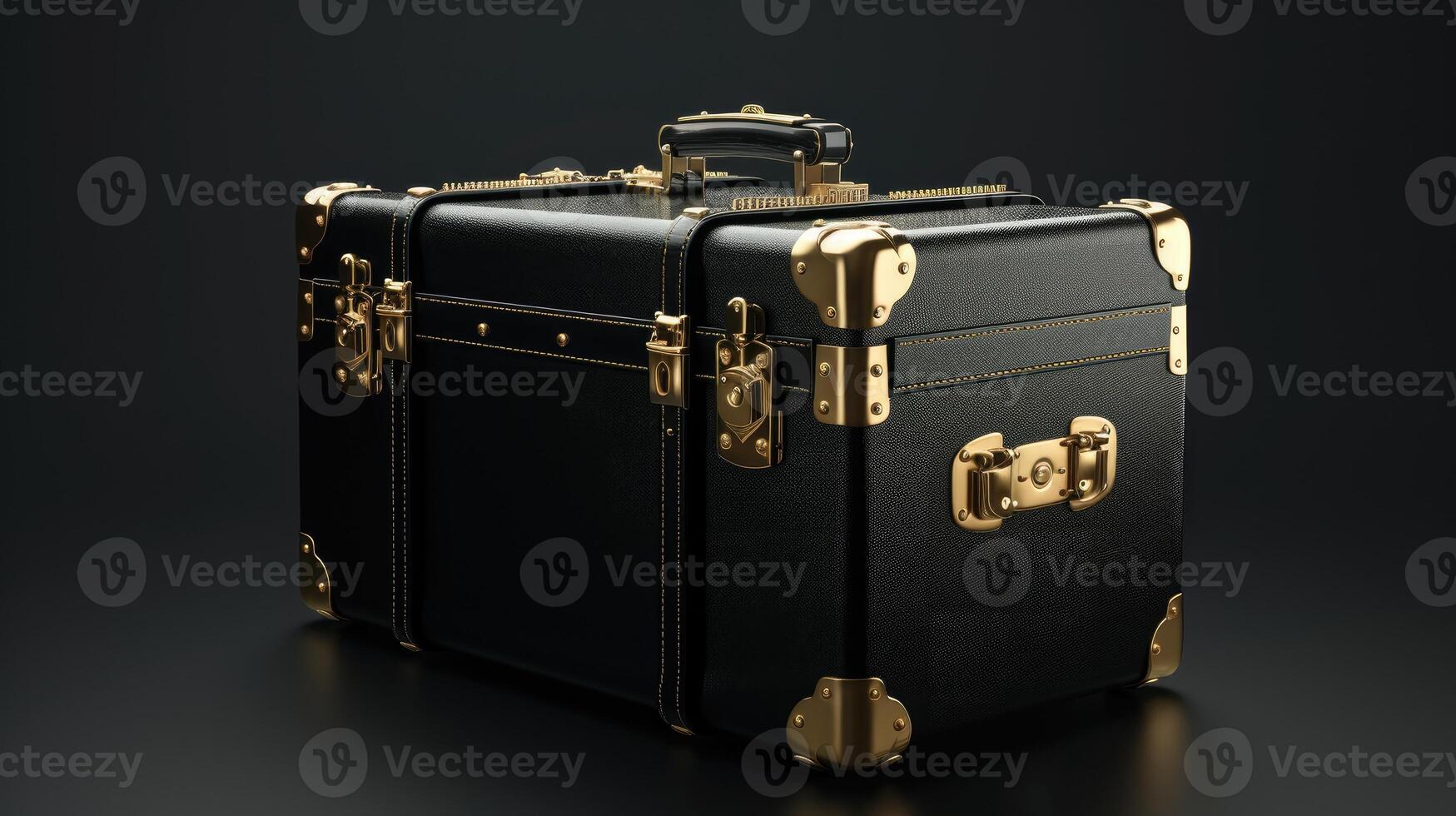 AI generated Elegant black suitcase with gold handles set against a sleek black backdrop. Ai Generated. photo