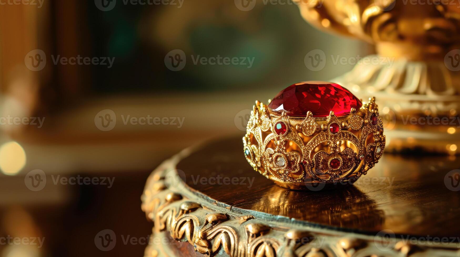 AI generated Intricate gold-red jewel glimmers on table, adding opulent elegance. Ai Generated photo