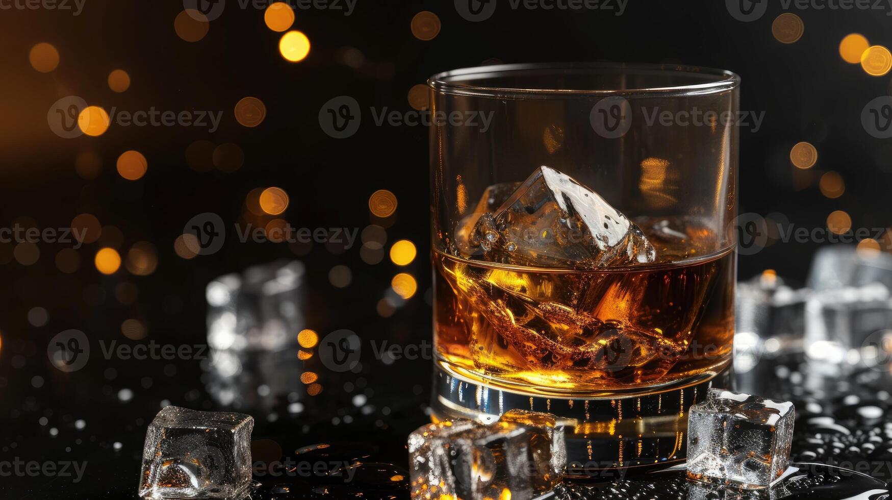 AI generated Whiskey glass, ice cubes, sleek black backdrop, Ai Generated. photo