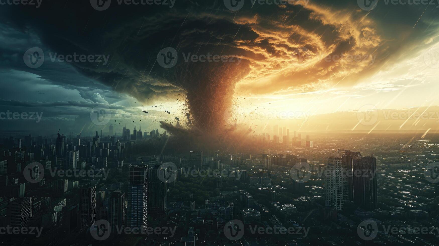 AI generated A massive tornado dominates the cityscape, a tempestuous storm swirling over the Earth, Ai Generated. photo