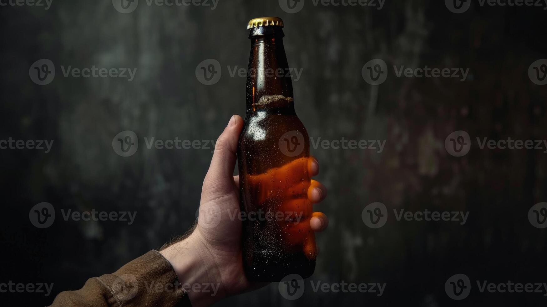 AI generated Hand holding beer bottle against dark backdrop, Ai Generated. photo