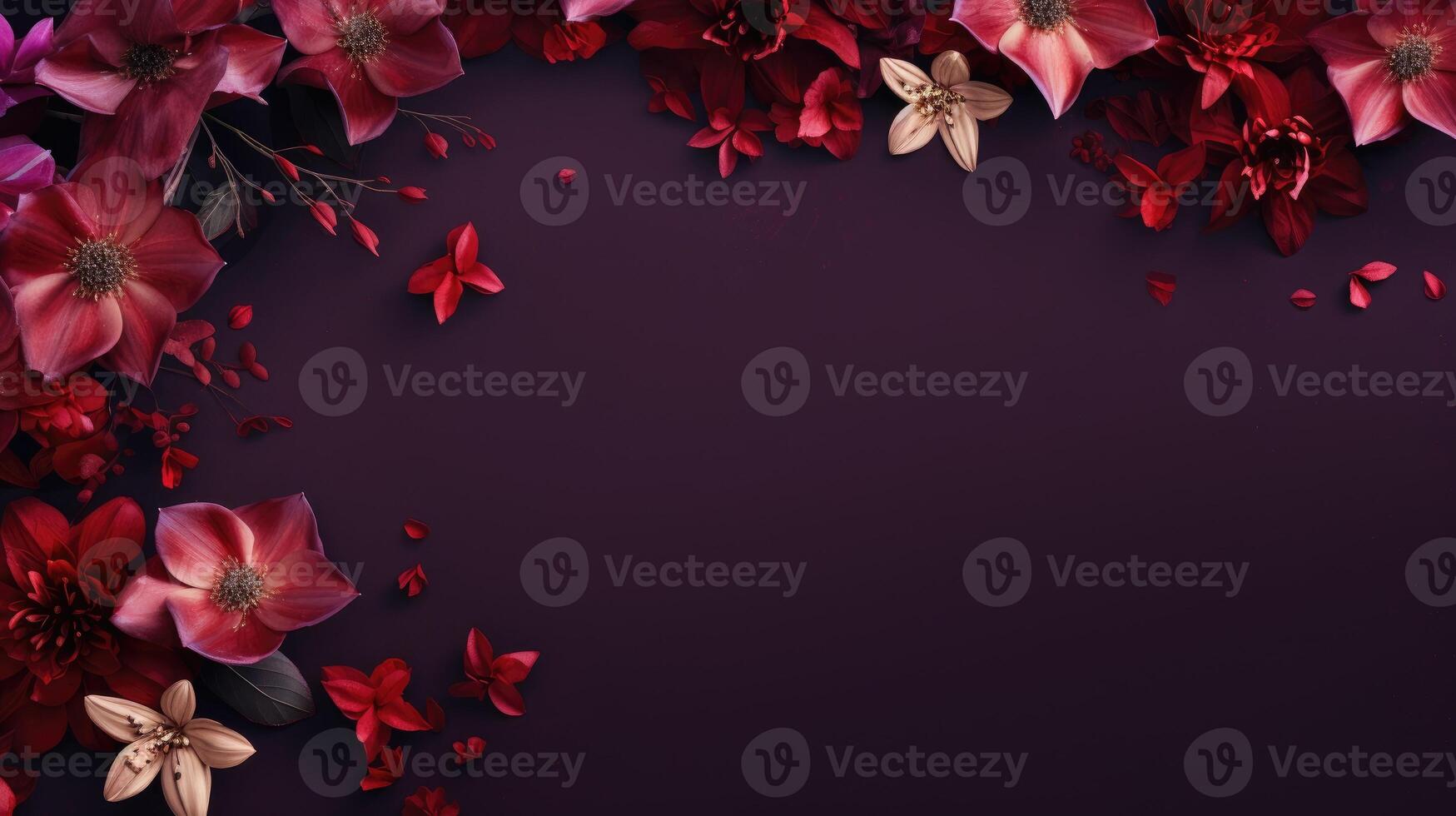 AI generated Flowers and petals arranged on a deep red and purple background. Ai Generated photo