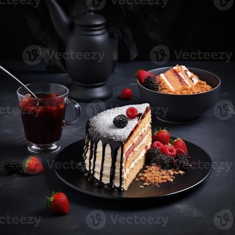 AI generated Real shot captures the essence of a delectable cake and its inviting slices. Ai Generated photo