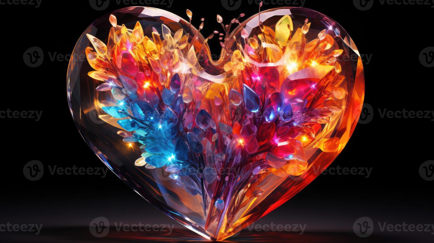 AI generated A crystal heart in a spectrum of vibrant colors, shining with dazzling brilliance. Ai Generated photo