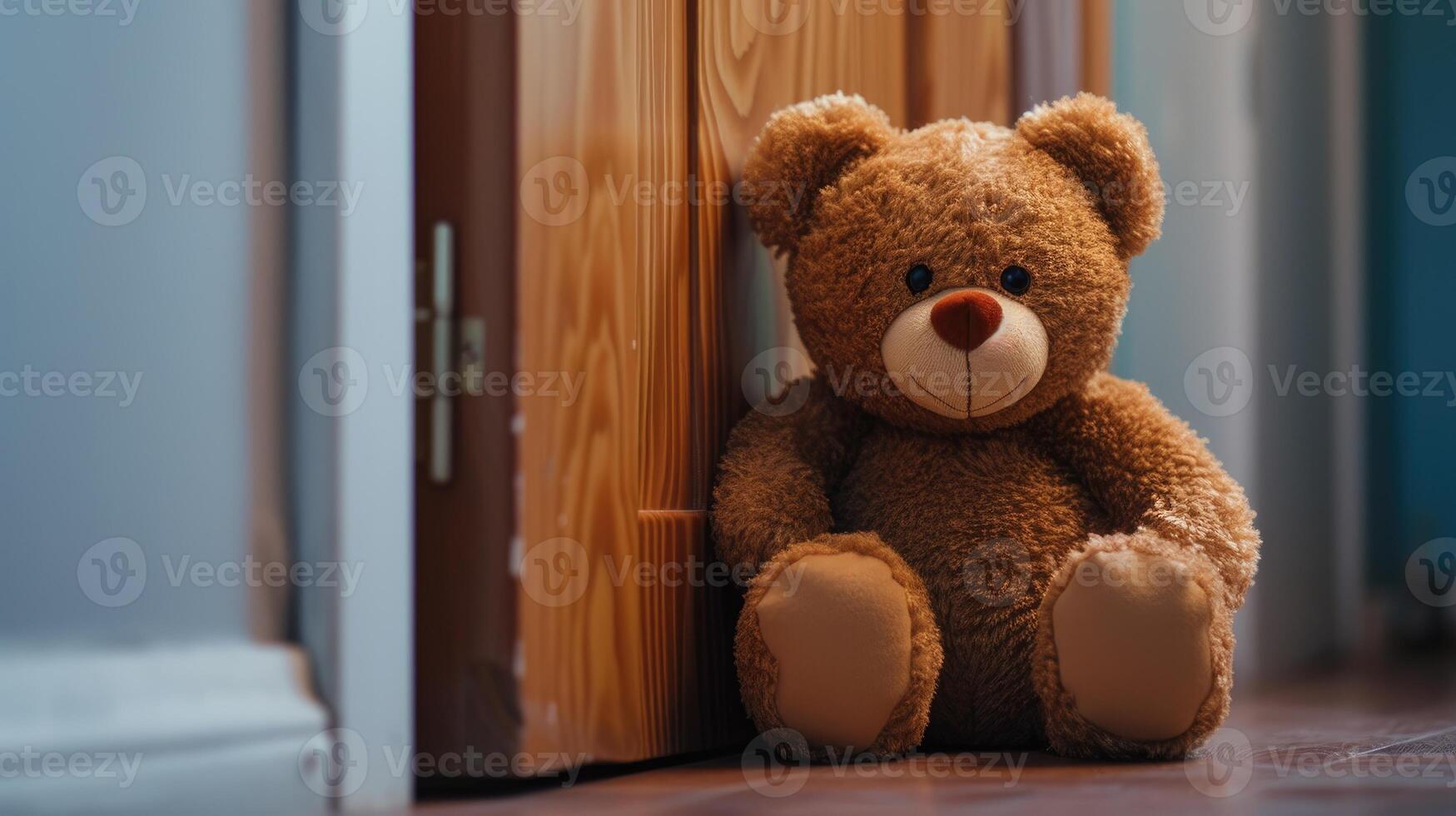 AI generated Delight in the adorable sight of a brown Teddy bear sneaking behind the door, Ai Generated photo