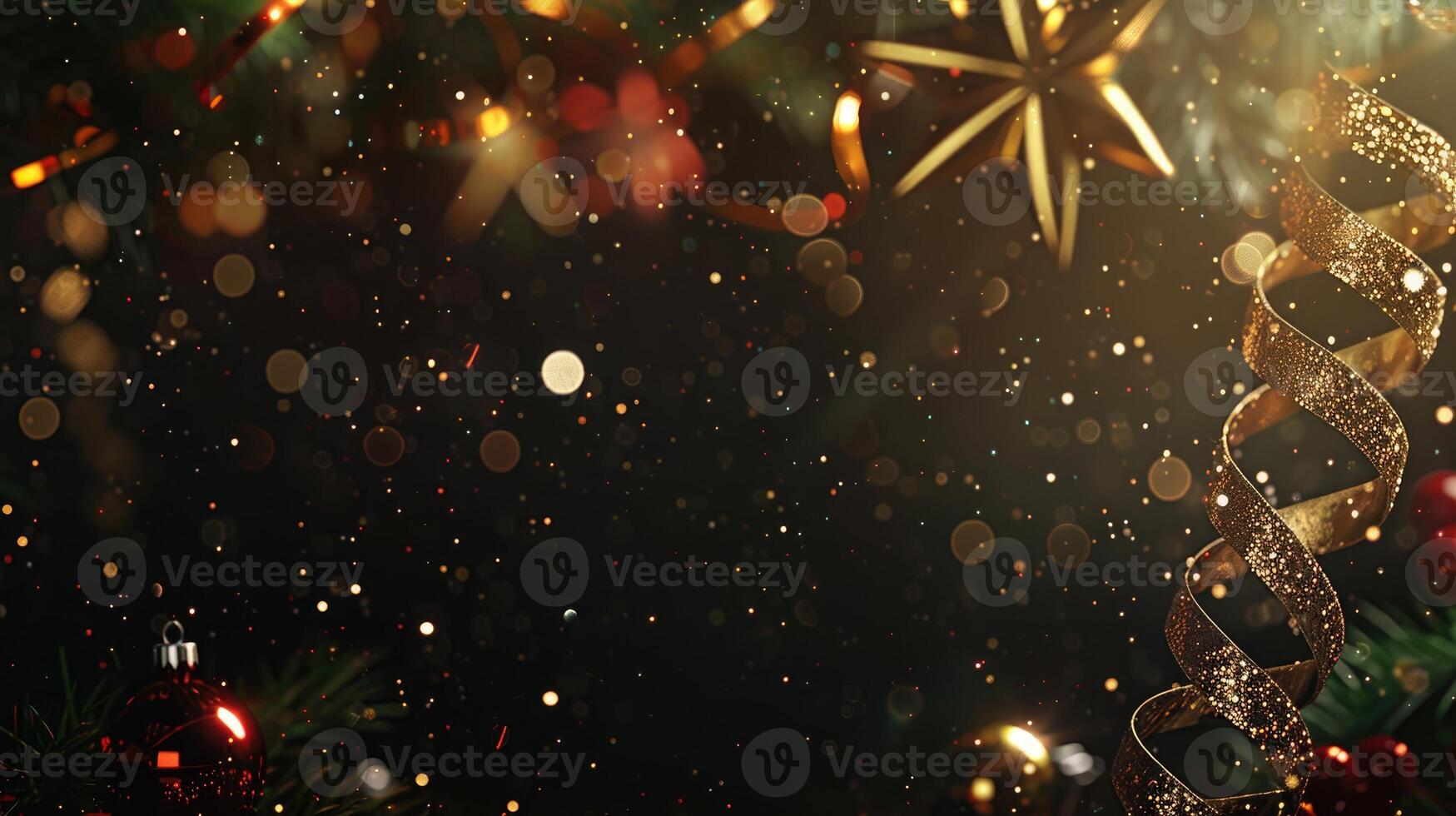 AI generated New Year's Eve corner border banner adorned with glittery gold stars and streamers, Ai Generated. photo