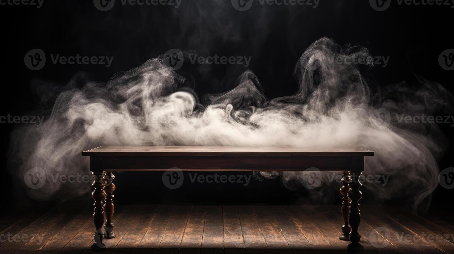 AI generated Smoke rising from an empty wooden table against a dark backdrop. Ai Generated. photo
