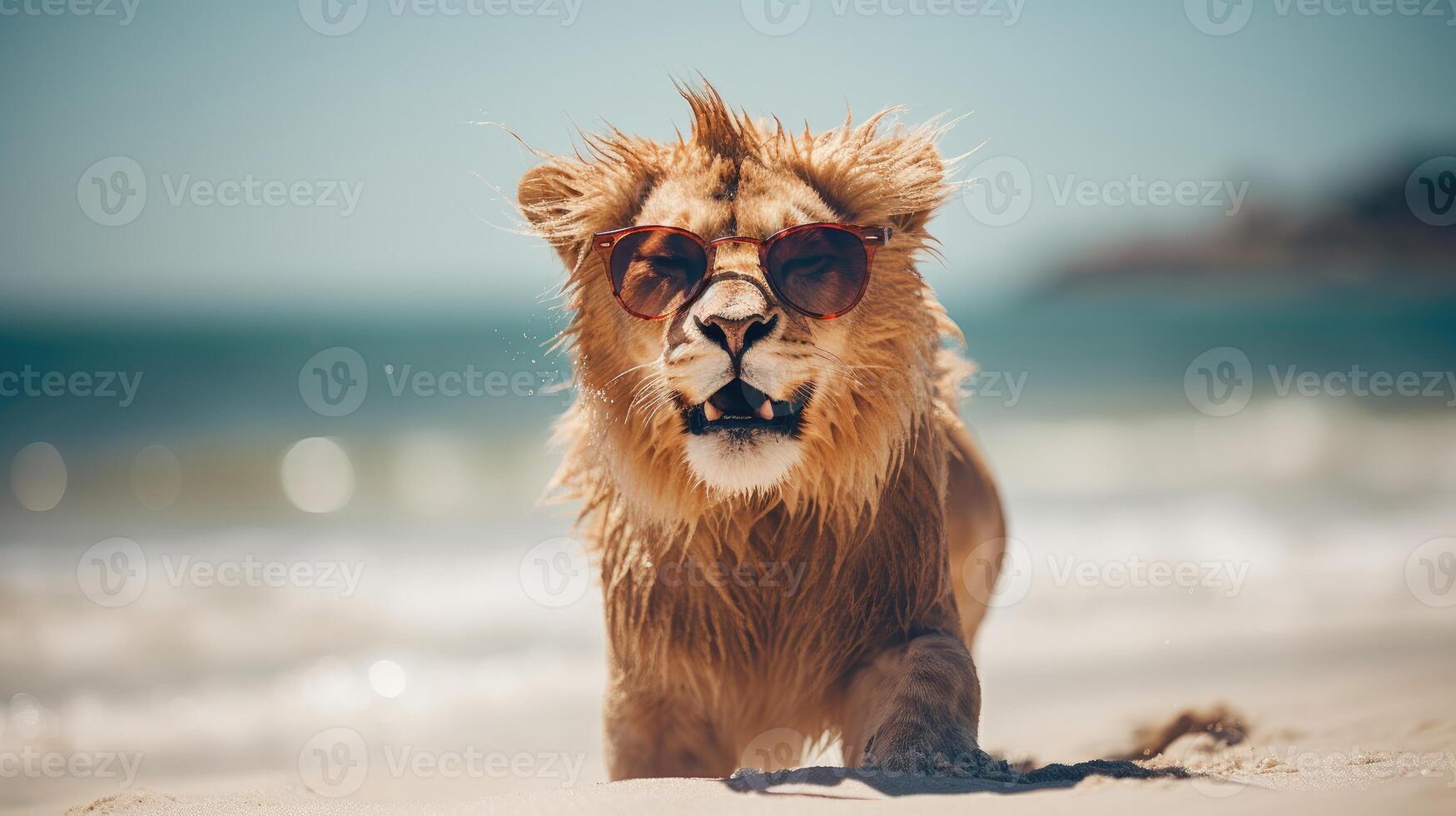 AI generated Experience the intensity of an lion leaping onto the beach in a stunning close-up photo, Ai Generated. photo