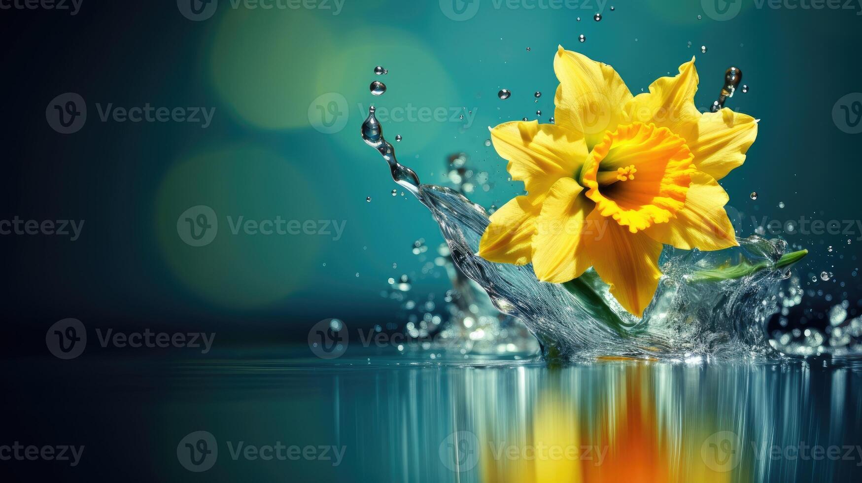 AI generated A vibrant yellow daffodil showcases its beauty with a mirrored reflection, doubling the floral brilliance. Ai Generated. photo