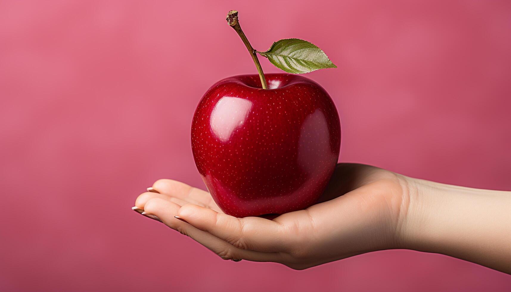 AI generated A woman hand holding a ripe, juicy apple, promoting healthy eating generated by AI photo