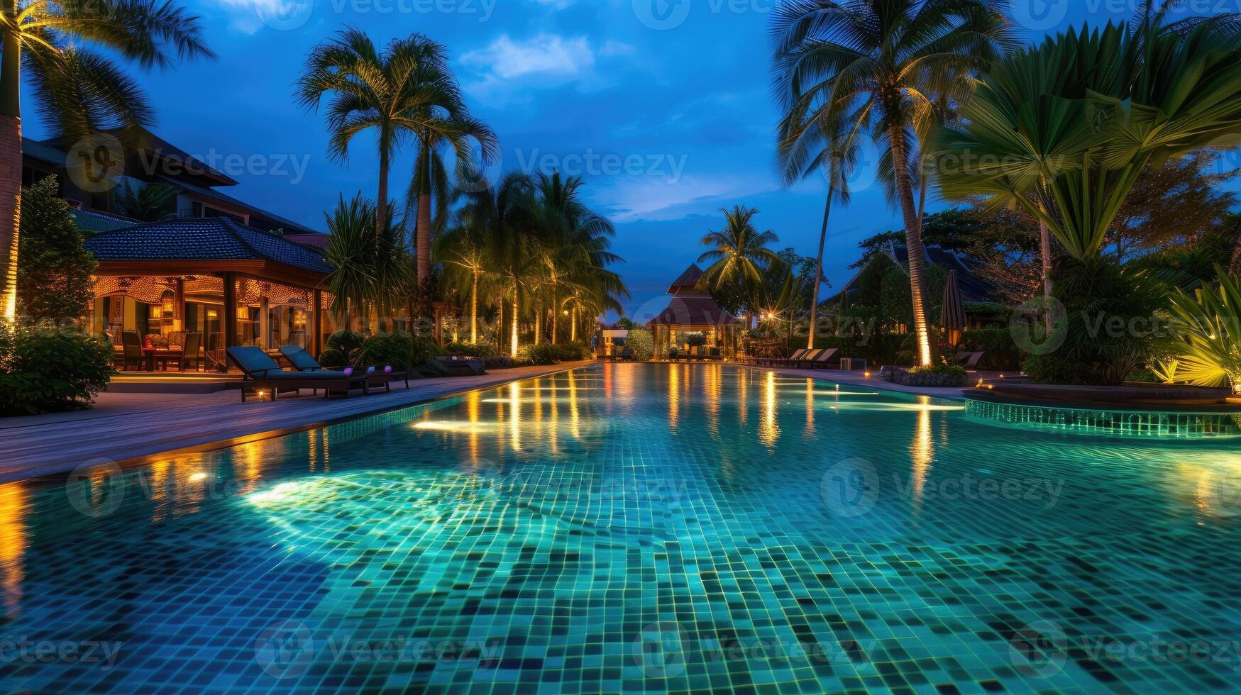 AI generated Luxurious tropical resort pool gleams under the night sky, creating a captivating ambiance. Ai Generated photo