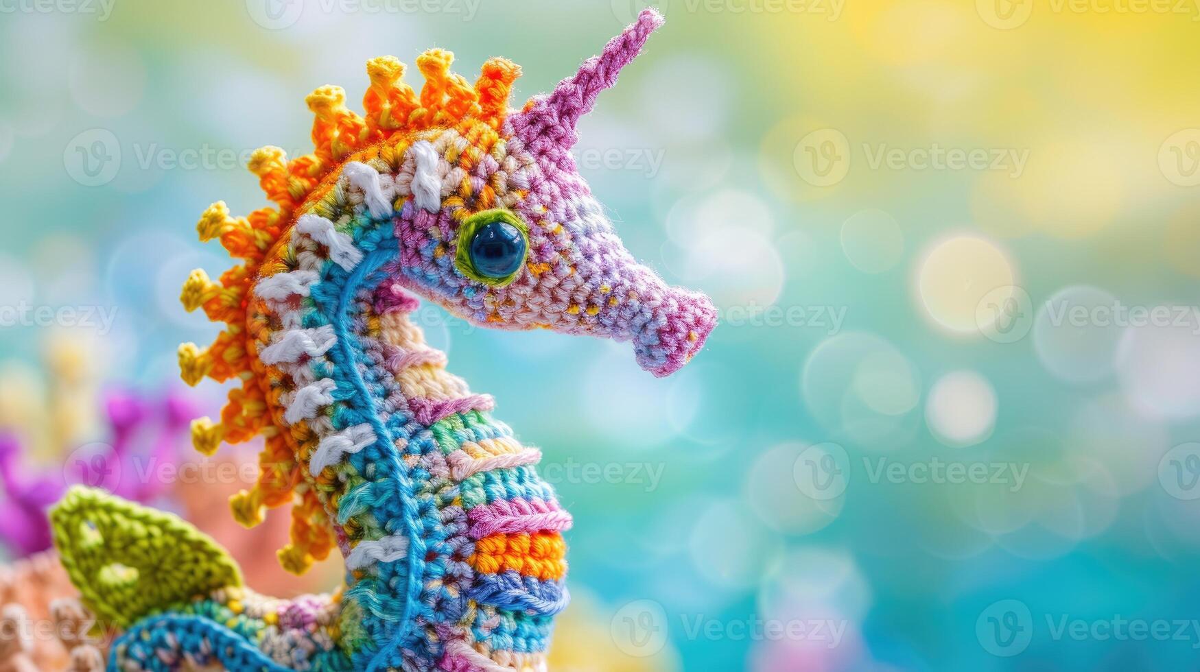 AI generated Crocheted sea horse toy vibrant backdrop, handcrafted and adorable, Ai Generated photo