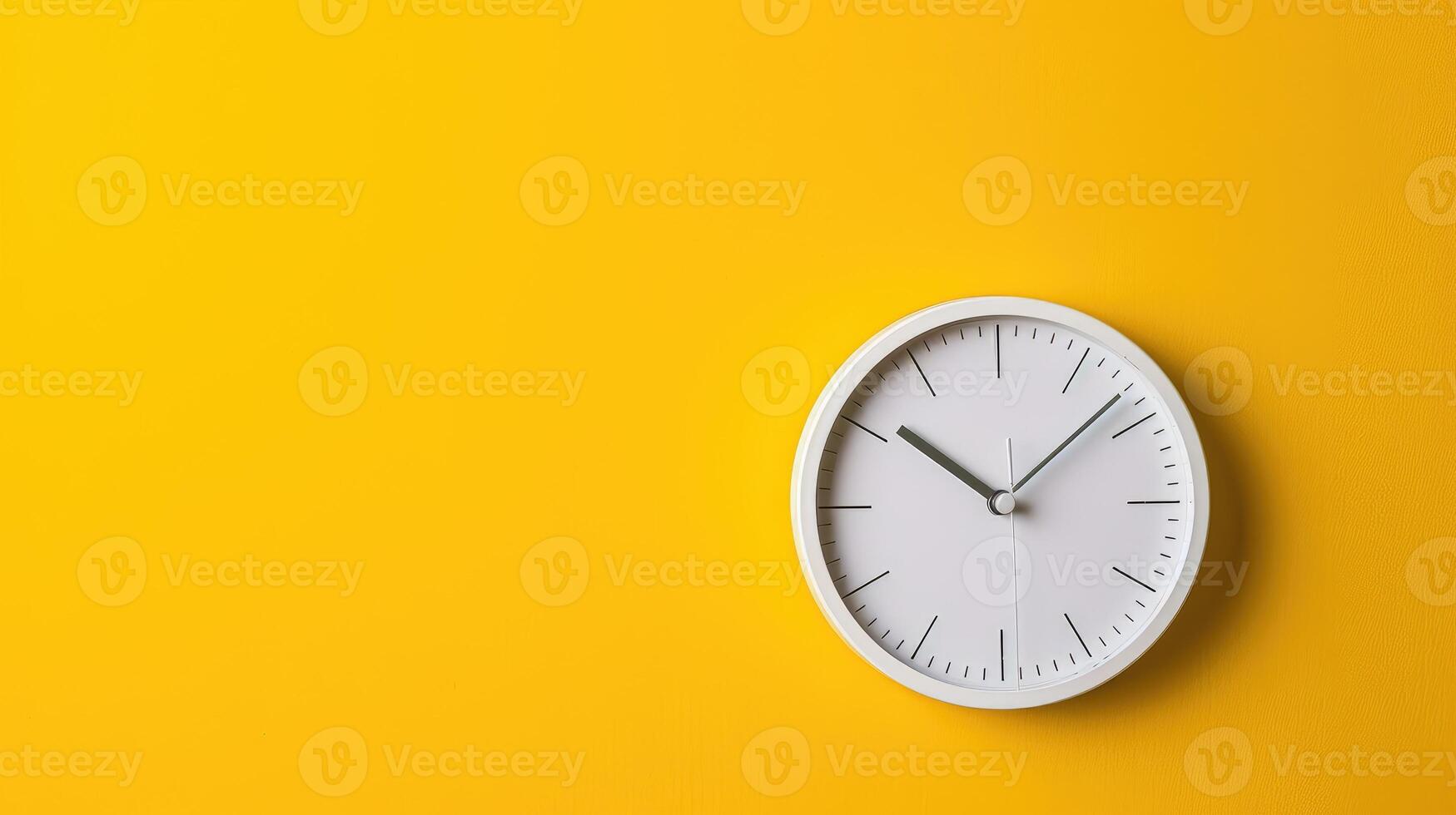 AI generated Minimalist flat lay image featuring a white wall clock on a vibrant yellow wall, showcasing simplicity and modern design, Ai Generated. photo