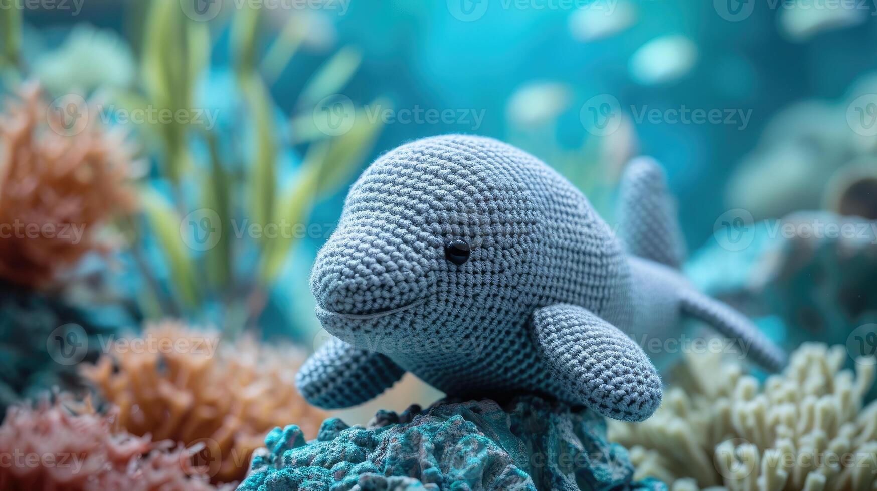 AI generated Crocheted dugong toy vibrant backdrop, handcrafted and adorable, Ai Generated photo